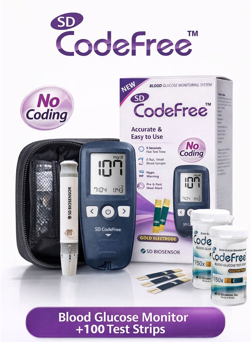 SD CodeFree Blood Glucose Monitor Kit mg/dL | Blood Sugar Monitor / Glucometer / Glucose Meter for Diabetes Testing at Home, Hospital, Clinic & Travel | No Coding Auto-Coding Blood Glucose Monitoring System | Includes 100 Blood Glucose Test Strips (Gold Electrode) + Finger Prick Lancing Device (Adjustable Depth) + 10 Sterile Lancets + Carrying Case | 5 Second Test Time | 0.9µL Small Sample | Hematocrit 20–60% | Range 10–600 mg/dL | Memory Up to 500 Results